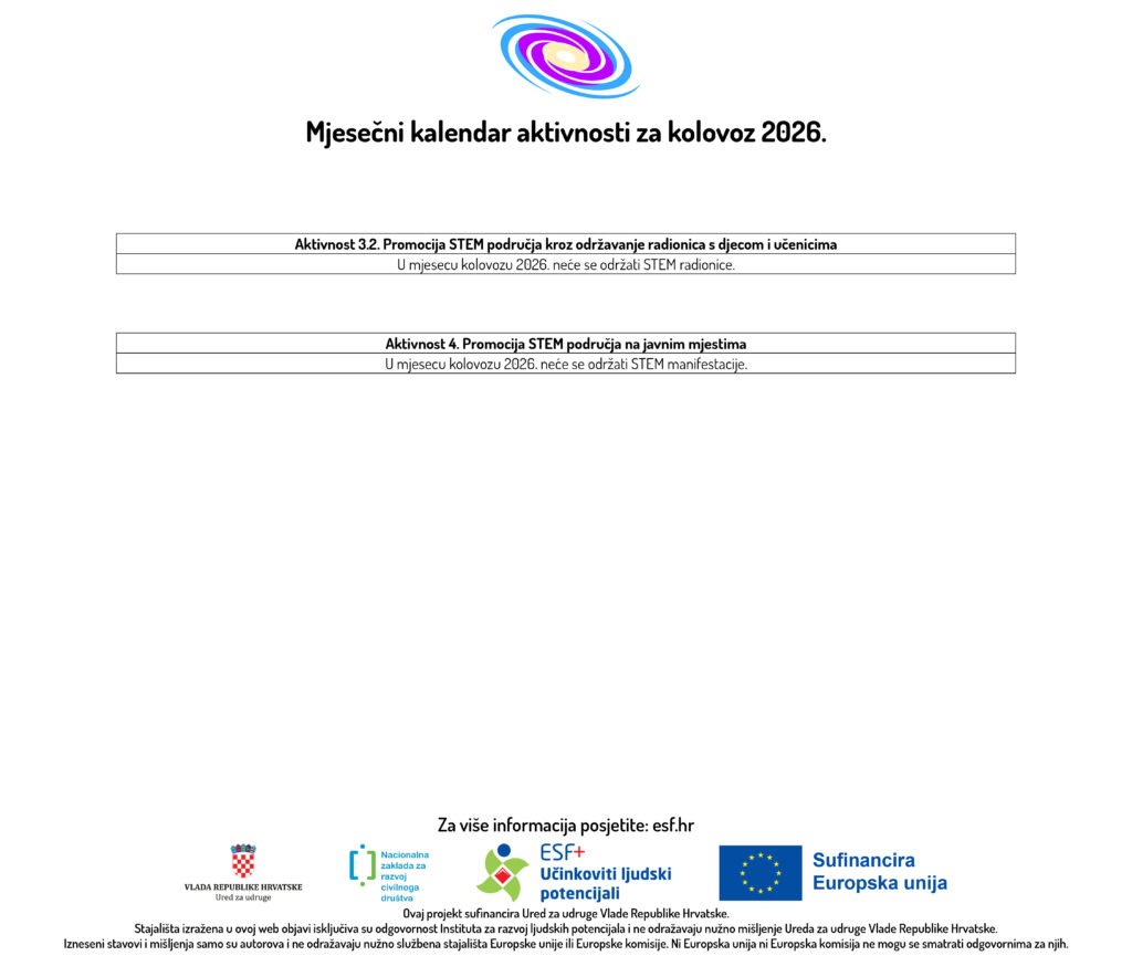 Mjesečni kalendar aktivnosti za kolovoz 2026. kalendar spartak 01